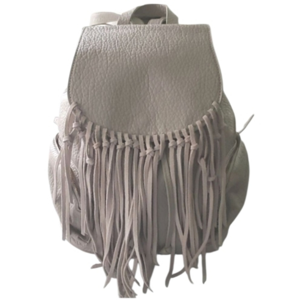 Women's Boho Fringe Backpack – Gray Faux Leather Bag with Zipper & Side Pockets